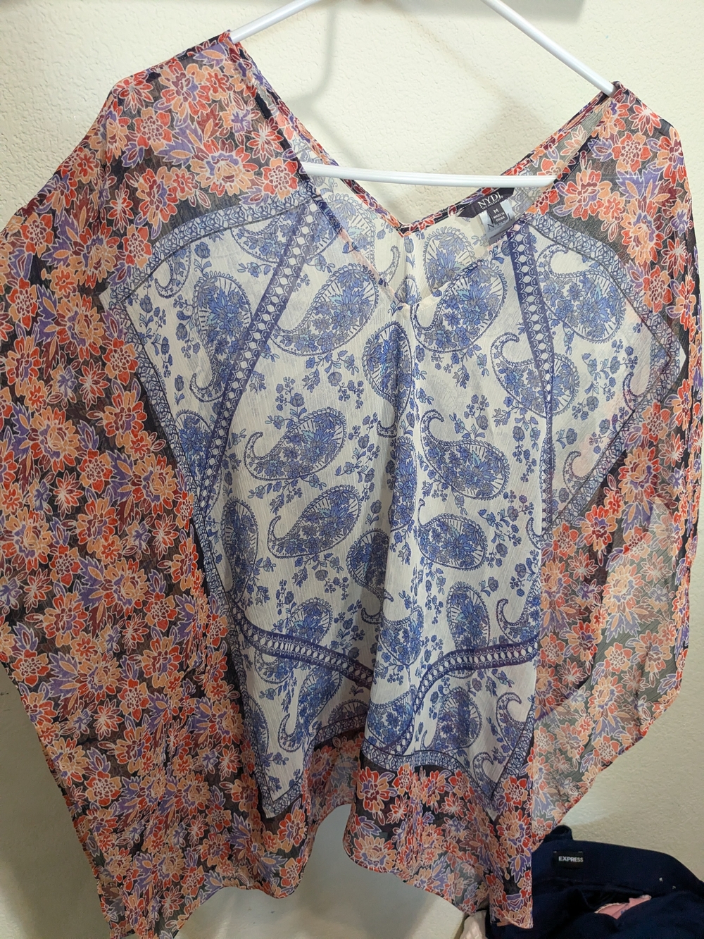 NYDJ Blue Paisley & Orange Floral Sheer V-Neck Tunic